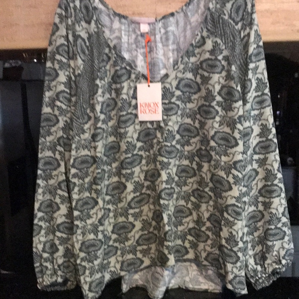 Knox Rose peasant style blouse with green floral pattern NWT